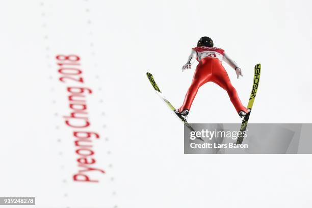 Michael Hayboeck of Austria makes a jump during the Ski Jumping - Men's Large Hill on day eight of the PyeongChang 2018 Winter Olympic Games at...