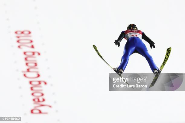 Markus Eisenbichler of Germany makes a jump during the Ski Jumping - Men's Large Hill on day eight of the PyeongChang 2018 Winter Olympic Games at...