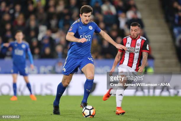 Harry Maguire of Leicester City and Samir Carruthers of Sheffield United during the Emirates FA Cup Fifth Round match between Leicester City and...