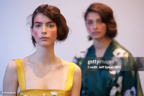 Models pose at the Alice Archer Presentation during London Fashion Week February 2018 on February 17, 2018 in London, England.