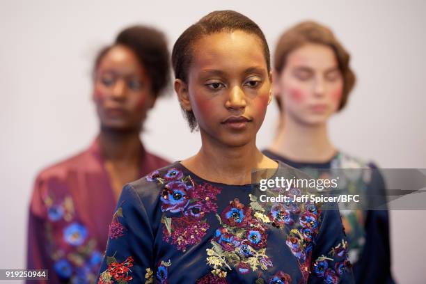 Models pose at the Alice Archer Presentation during London Fashion Week February 2018 on February 17, 2018 in London, England.