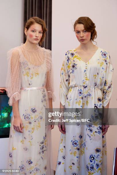 Models pose at the Alice Archer Presentation during London Fashion Week February 2018 on February 17, 2018 in London, England.