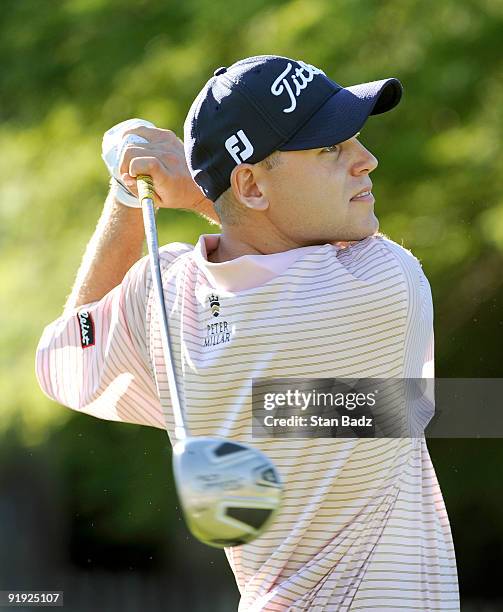 Bill Haas hits a tee shot during the first round of the Justin Timberlake Shriners Hospitals for Children Open held at TPC Summerlin on October 15,...