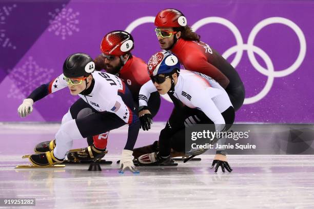 John-Henry Krueger of the United States, Yira Seo of Korea, Charles Hamelin of Canada, Samuel Girard of Canada compete during the Short Track Speed...