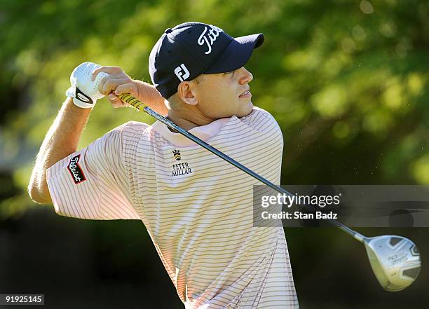 Bill Haas hits a tee shot during the first round of the Justin Timberlake Shriners Hospitals for Children Open held at TPC Summerlin on October 15,...