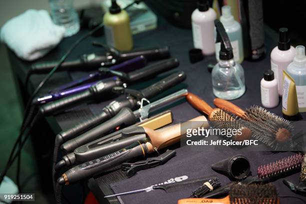 General view backstage ahead of the Alice Archer Presentation during London Fashion Week February 2018 on February 17, 2018 in London, England.