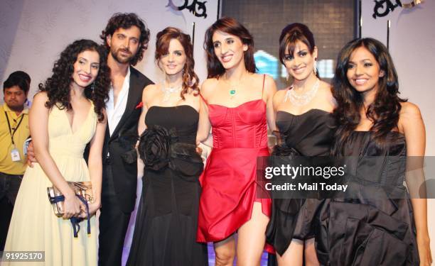 Bollywood actor Hrithik Roshan, his wife Suzanne, Farah Khan Ali and actress Genelia D'Souza at the first day of the HDIL India Couture Week in...