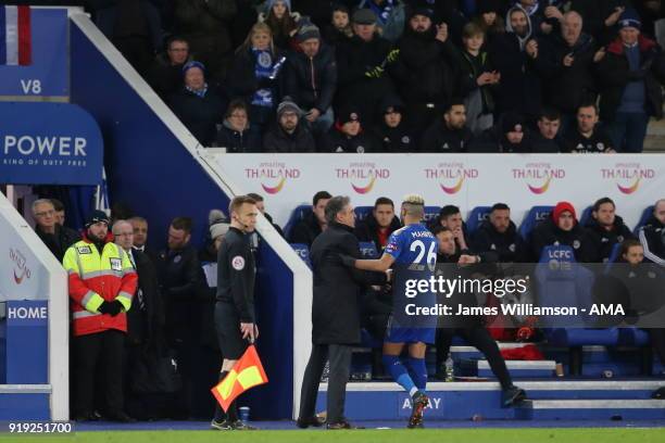 Riyad Mahrez of Leicester City with Leicester City manager Claude Puel during the Emirates FA Cup Fifth Round match between Leicester City and...