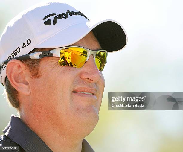 Greg Owen smiles at the 10th tee box during the first round of the Justin Timberlake Shriners Hospitals for Children Open held at TPC Summerlin on...