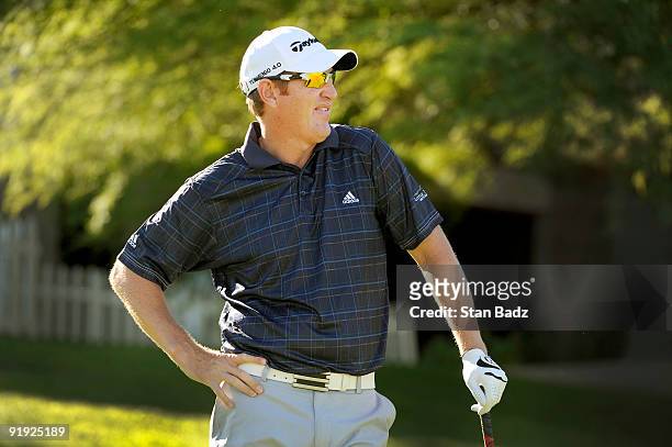 Greg Owen watches his drive during the first round of the Justin Timberlake Shriners Hospitals for Children Open held at TPC Summerlin on October 15,...