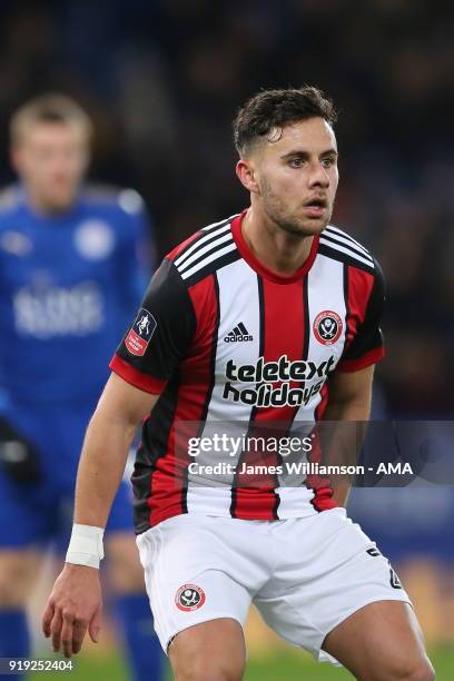 George Baldock of Sheffield United during the Emirates FA Cup Fifth Round match between Leicester City and Sheffield United at The King Power Stadium...