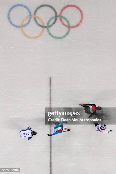 Shaolin Sandor Liu of Hungary, Hyojun Lim of Korea, Yuri Confortola of Italy and Semen Elistratov of Olympic Athlete from Russia compete during the...