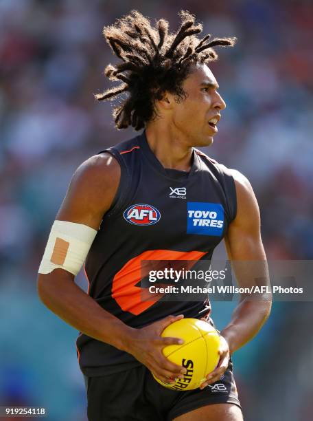 Aiden Bonar of the Giants in action during the AFLX match between the GWS Giants and the Richmond Tigers at Allianz Stadium on February 17, 2018 in...