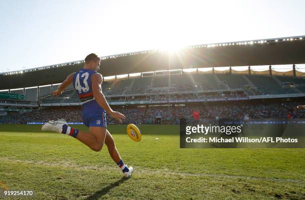 Jack Redpath of the Bulldogs kicks the ball during the AFLX match between the Gold Coast Suns and the Western Bulldogs at Allianz Stadium on February...