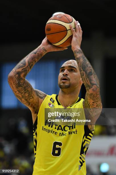 Robert Sacre of the Sunrockers Shibuya shoots a free throw during the B.League match between Sunrockers Shibuya and Ryukyu Golden Kings at Aoyama...