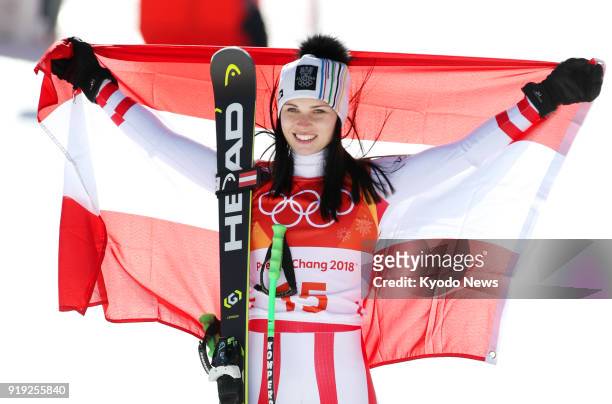 Anna Veith of Austria poses for photos after winning the silver medal in the women's Alpine skiing super-G at the Pyeongchang Winter Olympics in...