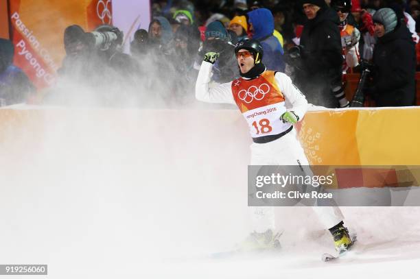 David Morris of Australia celebrates during the Freestyle Skiing Men's Aerials Qualification on day eight of the PyeongChang 2018 Winter Olympic...