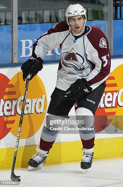 Ryan O'Reilly of the Colorado Avalanche skates in the warm-up prior to a game against the Toronto Maple Leafs on October 13, 2009 at the Air Canada...