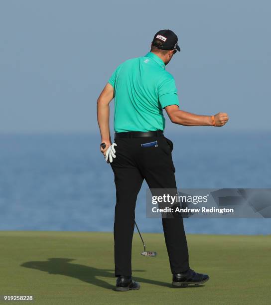 Matthew Southgate of England celebrates his birdie on the 18th hole during the third round of the NBO Oman Open at Al Mouj Golf on February 17, 2018...