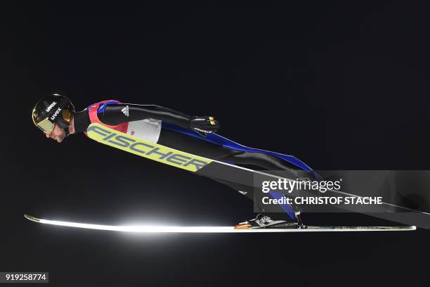 Germany's Markus Eisenbichler competes in the men's large hill individual ski jumping event trial for competition during the Pyeongchang 2018 Winter...