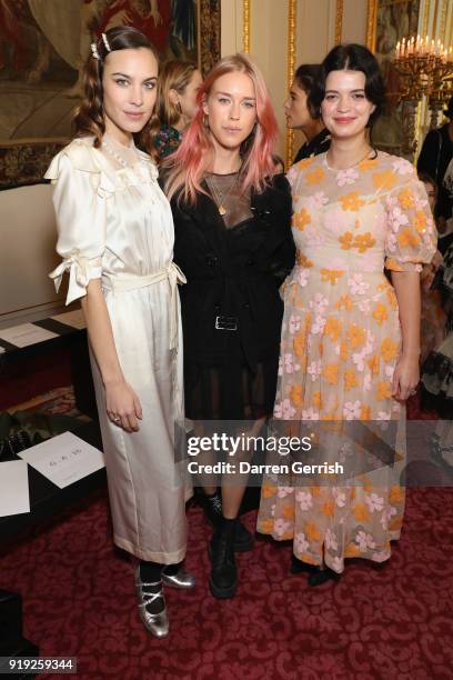 Alexa Chung, Lady Mary Charteris and Pixie Geldof attend the Simone Rocha show during London Fashion Week February 2018 at Goldsmith's Hall on...