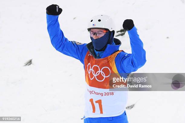 Mac Bohonnon of the United States celebrates during the Freestyle Skiing Men's Aerials Qualification on day eight of the PyeongChang 2018 Winter...