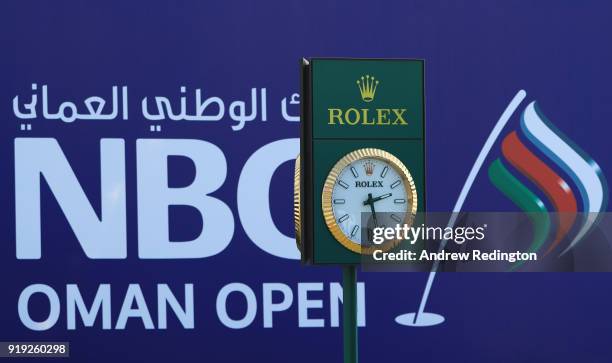 Clock is seen during the third round of the NBO Oman Open at Al Mouj Golf on February 17, 2018 in Muscat, Oman.