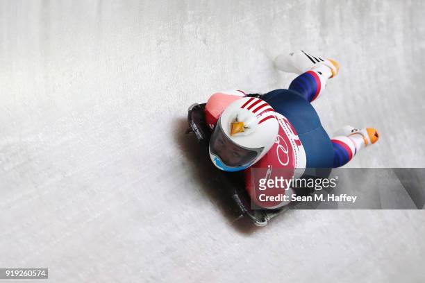 Katie Uhlaender of the United States makes a run during the Women's Skeleton on day eight of the PyeongChang 2018 Winter Olympic Games at Olympic...