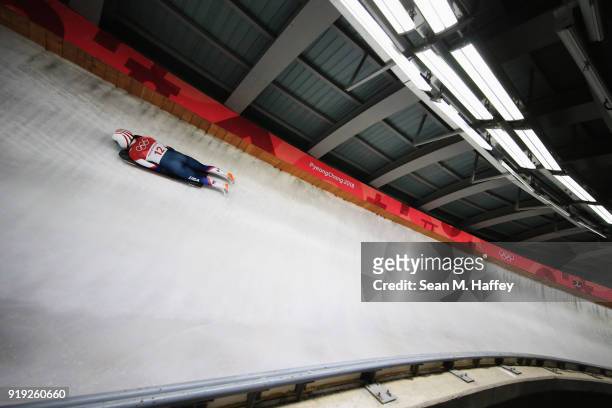 Katie Uhlaender of the United States slides during the Women's Skeleton heat three on day eight of the PyeongChang 2018 Winter Olympic Games at...
