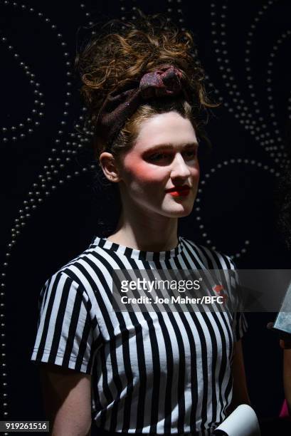 Model backstage ahead of the Lulu Guinness Presentation during London Fashion Week February 2018 at Betterton Street on February 17, 2018 in London,...