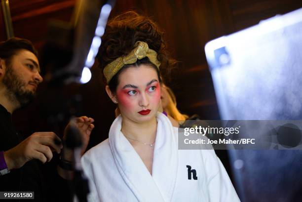 Model backstage ahead of the Lulu Guinness Presentation during London Fashion Week February 2018 at Betterton Street on February 17, 2018 in London,...