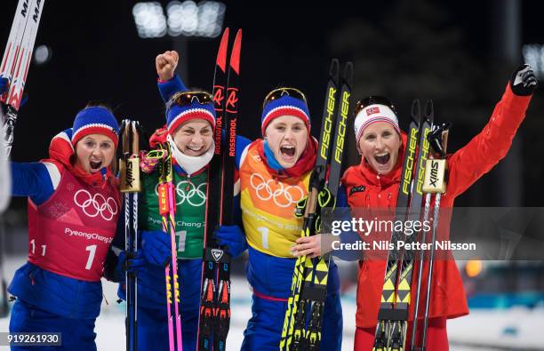 Ingvild Flugstad Oestberg, Astrid Uhrenholdt Jacobsen, Ragnhild Haga and Marit Bjoergen of Norway during the Womens 4x5km Relay Cross-Country Skiing...