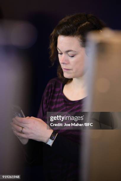 Jasmine Guinness backstage ahead of the Lulu Guinness Presentation during London Fashion Week February 2018 at Betterton Street on February 17, 2018...