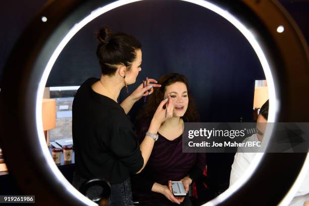 Jasmine Guinness backstage ahead of the Lulu Guinness Presentation during London Fashion Week February 2018 at Betterton Street on February 17, 2018...