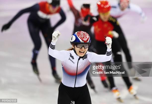 Minjeong Choi of South Korea celebrates after winning the Women's 1500m Final during the Short Track Speed Skating on day eight of the PyeongChang...