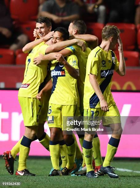 Mariners celebrate their second goal during the round 20 A-League match between Adelaide United and the Central Coast Mariners at Coopers Stadium on...