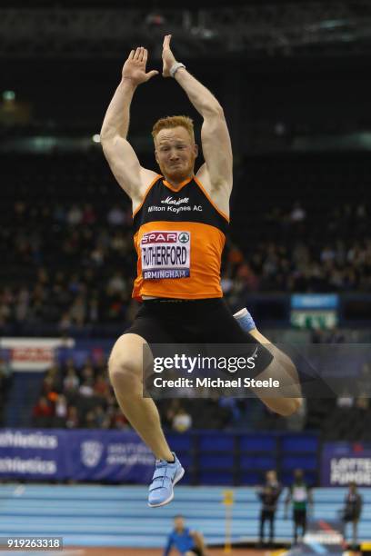 Greg Rutherford of Marshall Milton Keynes competes in the men's long jump final during day one of the SPAR British Athletics Indoor Championships at...