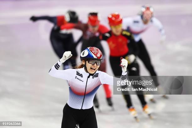 Minjeong Choi of South Korea celebrates after winning the Women's 1500m Final during the Short Track Speed Skating on day eight of the PyeongChang...