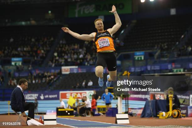 Greg Rutherford of Marshall Milton Keynes competes in the men's long jump final during day one of the SPAR British Athletics Indoor Championships at...