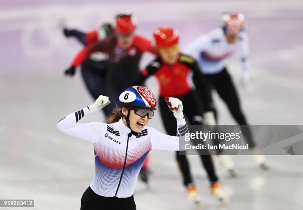 Minjeong Choi of South Korea celebrates after winning the Women's 1500m Final during the Short Track Speed Skating on day eight of the PyeongChang...