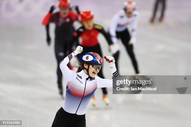 Minjeong Choi of South Korea celebrates after winning the Women's 1500m Final during the Short Track Speed Skating on day eight of the PyeongChang...