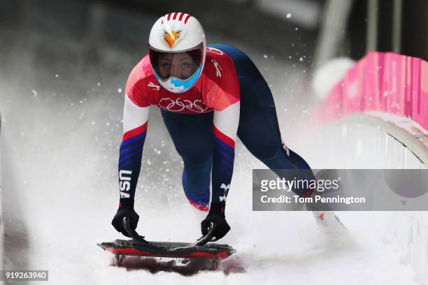 Katie Uhlaender of the United States finishes her final run during the Women's Skeleton on day eight of the PyeongChang 2018 Winter Olympic Games at...