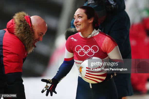 Katie Uhlaender of the United States reacts after her final run during the Women's Skeleton on day eight of the PyeongChang 2018 Winter Olympic Games...