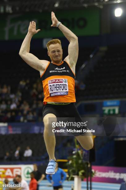 Greg Rutherford of Marshall Milton Keynes competes in the men's long jump final during day one of the SPAR British Athletics Indoor Championships at...