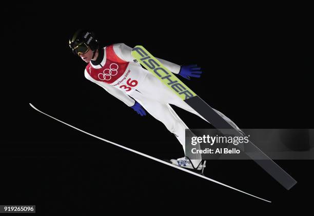 Peter Prevc of Slovenia makes a jump makes a jump during the Ski Jumping - Men's Large Hill on day eight of the PyeongChang 2018 Winter Olympic Games...