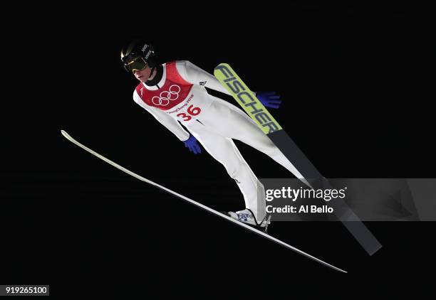 Peter Prevc of Slovenia makes a jump makes a jump during the Ski Jumping - Men's Large Hill on day eight of the PyeongChang 2018 Winter Olympic Games...