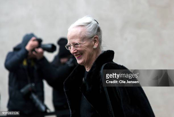 Queen Margrethe of Denmark arrives at Christiansborg Palace Church where the corpse of Prince Henrik lies in state on February 17, 2018 in...