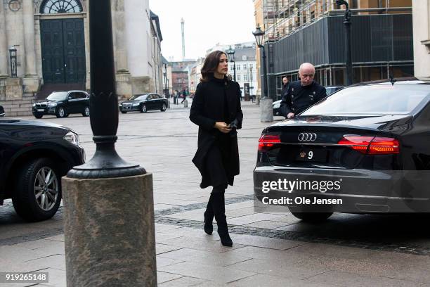 Crown Princess Mary of Denmark arrives at Christiansborg Palace Church to attend the coffin of her deceased father-in-law on February 17, 2018 in...