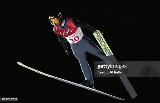 Manuel Fettner of Austria makes a jump during the Ski Jumping - Men's Large Hill on day eight of the PyeongChang 2018 Winter Olympic Games at...