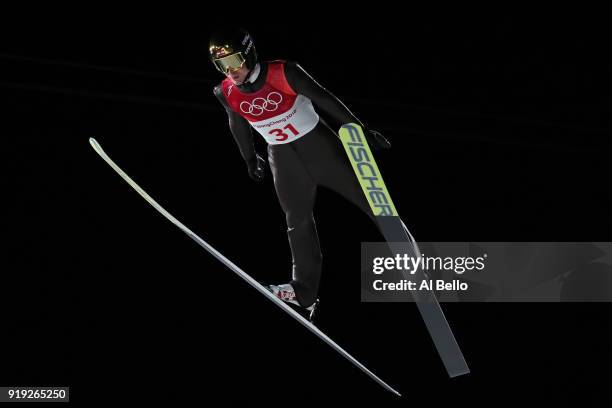 Michael Hayboeck of Austria makes a jump during the Ski Jumping - Men's Large Hill on day eight of the PyeongChang 2018 Winter Olympic Games at...